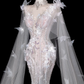 Butterfly Exquisite Flowy Mermaid Beaded Sequin White Tulle Long Prom Dress Party Dress SH3493
