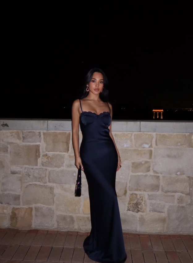 Navy Blue Sheath Spaghetti Strap Satin Long Prom Dress Evening Dress SH8967