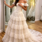 Princess Ball Gown Off the Shoulder White Layered Lace Long Wedding Dress SH7070
