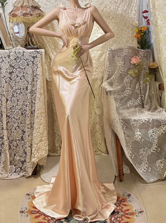 Vintage Mermaid V Neck Gentle Floral Satin Prom Dress Wedding Guest Dress SH4654