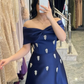 Royal Blue A Line Off the Shoulder Beaded Satin Long Prom Dress Evening Dress SH7310