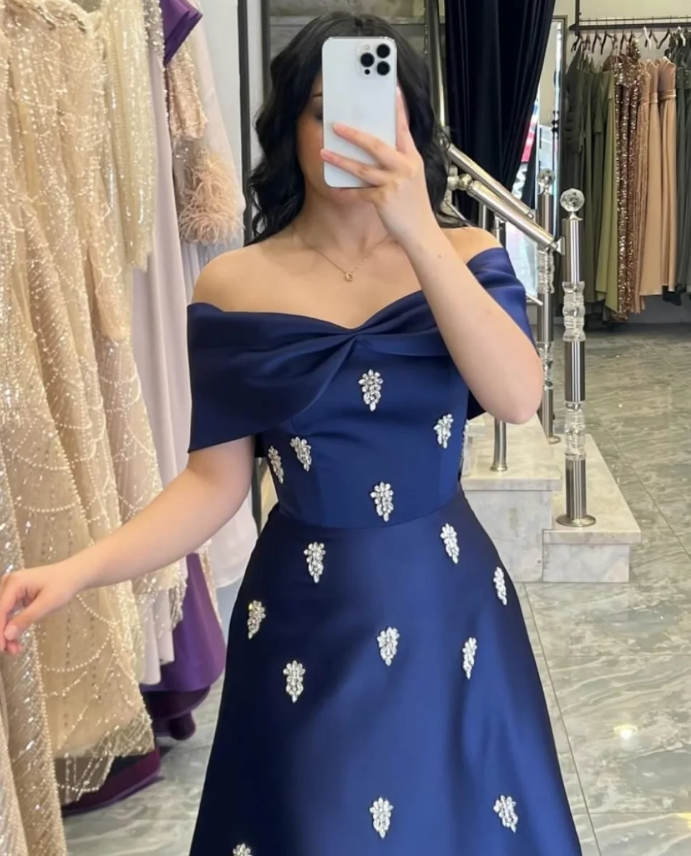 Royal Blue A Line Off the Shoulder Beaded Satin Long Prom Dress Evening Dress SH7310