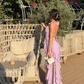 Lilac Flowy Sheath Spaghetti Strap Ruffle Chiffon Prom Dress Party Dress with Slit SH4016