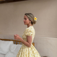 Princess A Line V Neck Print Flower Yellow Tulle Satin Short Homecoming Dress SH2127