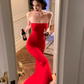 Charming Burgundy Mermaid Strapless Satin Long Prom Dress Vacation Dress SH4320