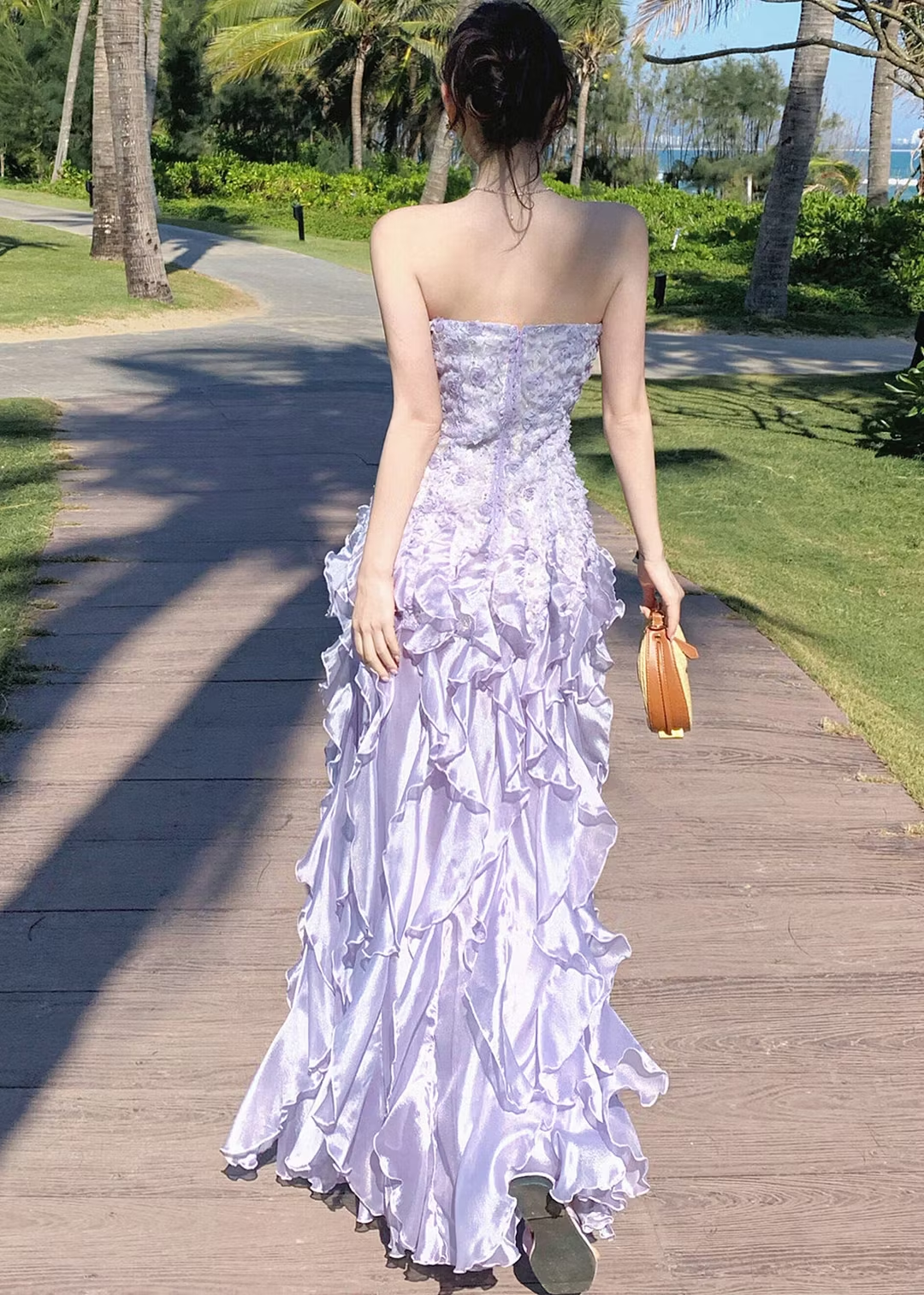 French Purple Ruffled Chiffon Strapless Prom Dress Summer SH6251