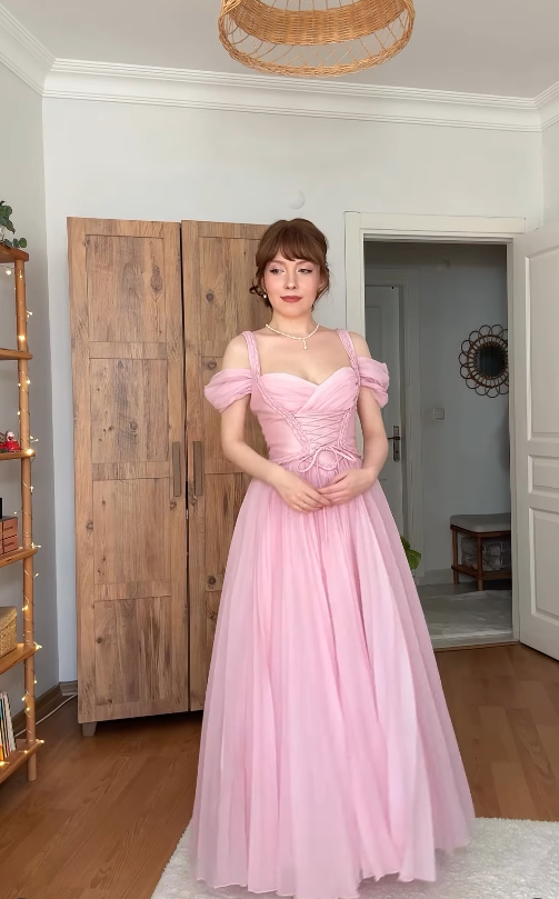 Vintage Pink A Line Off the Shoulder Pleated Chiffon Prom Dress Birthday Dress SH4869