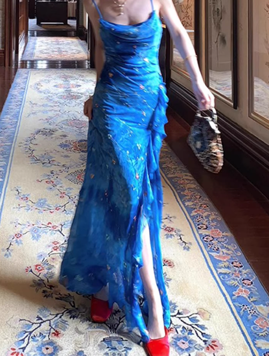 Dreamy Blue Mermaid Spaghetti Strap Chiffon Prom Dress Party Dress Date Dresses with Slit SH4160