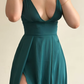 High-class A Line V Neck Green Satin Slit Prom Dress Evening Dress SH6874