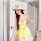 Summer Yellow A Line Straps Print Floral Satin Cocktail Dress Homecoming Dress SH6164