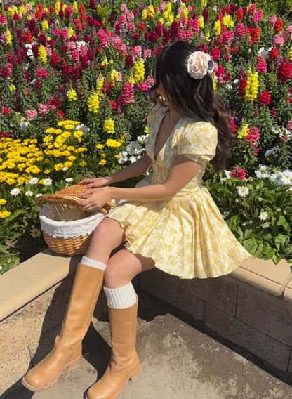 Yellow A Line Puff Sleeve Print Floral Satin Short Prom Dress Homecoming Dress SH6396