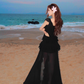 Black A Line V Neck Ruffle Chiffon Long Prom Dress Vacation Dress SH4377