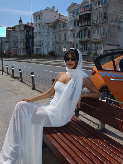 Simple White Mermaid Strapless Chiffon Satin Date Dress Prom Dress SH3885