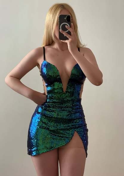 Green-blue Ombre Sheath Spaghetti Strap Sequin Short Prom Dress Homecoming Dress Outfits SH6859