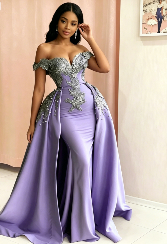 Mermaid Evening Dress Off Shoulder Silver Lace Embroidery Prom Dresses SA692