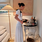 Cute A Line Puff Sleeve Black Bow White Satin Long Prom Dress Evening Dress SH7269