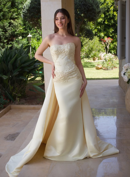 Stunning Yellow Sheath Strapless Beaded Satin Prom Dress Evening Dress SH6529