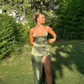 Green Simple A Line Spaghetti Straps Satin Open Back Prom Dress Evening Dress with Slit SH3784