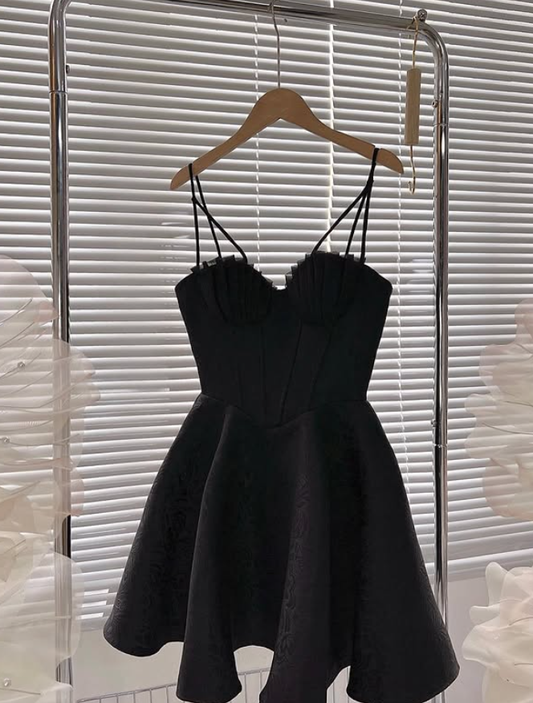 Black A Line Spaghetti Straps Print Satin Short Homecoming Dress Outfits SH6224