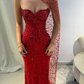 Sexy Red Sheath Strapless Beaded Tulle Prom Dress SH4567