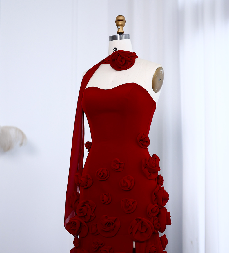Stunning A Line Sweetheart Neck 3D Flower Burgundy Prom Dress Evening Dress SH2369