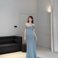 Unique Blue Mermaid Off the Shoulder Chiffon Satin Long Prom Dress Evening Dress SH7703