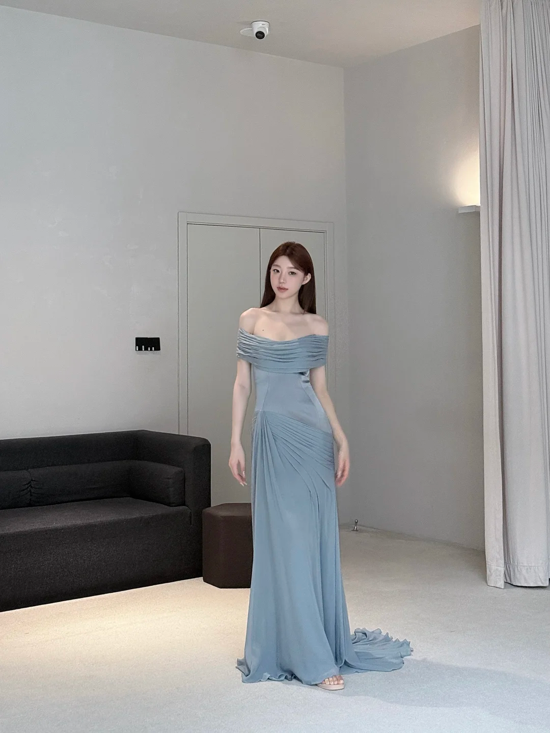Unique Blue Mermaid Off the Shoulder Chiffon Satin Long Prom Dress Evening Dress SH7703