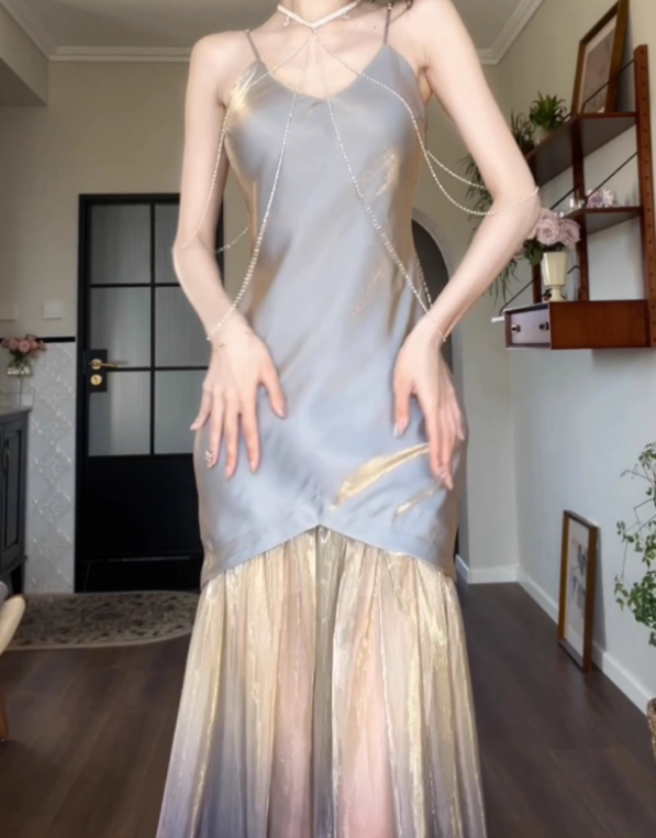 Stunning Mermaid Spaghetti Strap Satin Tulle Prom Dress Evening Dress SH4082