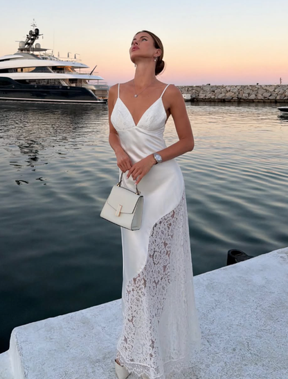 White A Line Spaghetti Strap Lace Satin Long Prom Dress Evening Dress SH8954