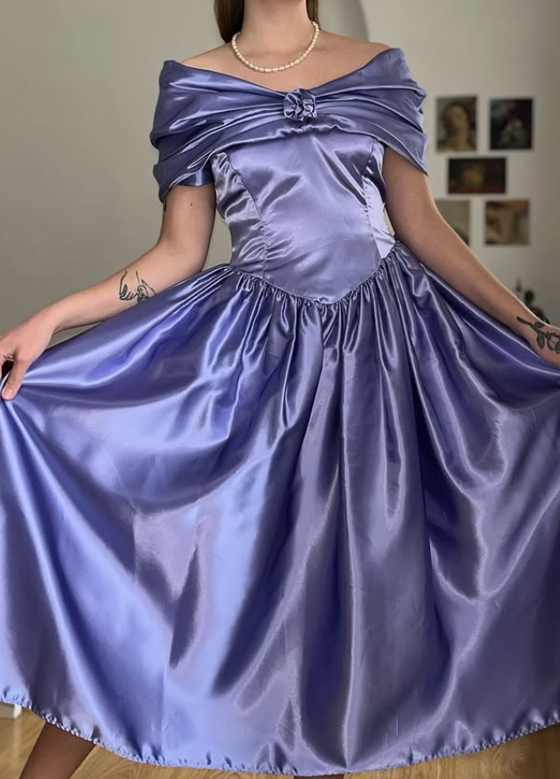 Vintage Purple A Line Off the Shoulder Satin Prom Dress Evening Dress Date Dress SH5637