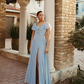 Gentle A Line Ruffle Blue Chiffon Evening Dress Bridesmaid Dress with Slit SH2703