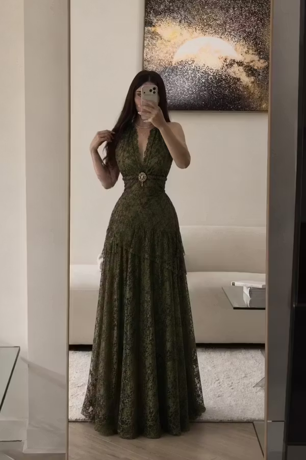 Olive Green A Line Halter Lace Backless Long Prom Dress Evening Dress SH8546