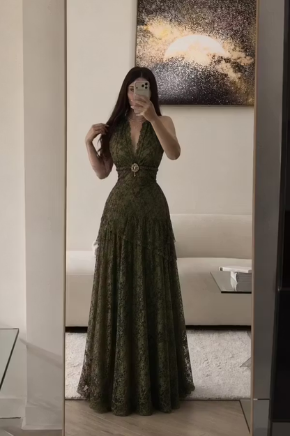 Olive Green A Line Halter Lace Backless Long Prom Dress Evening Dress SH8546