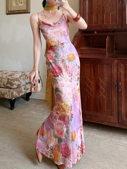 Beautiful Sheath Spaghetti Straps Pink Printed Floral Chiffon Long Prom Dress Evening Dress SH6052