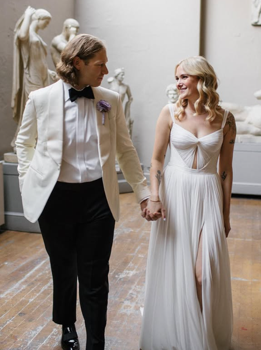 Flowy A Line Spaghetti Strap White Chiffon Wedding Dresses with Slit SH4702