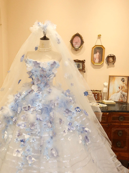 Blue Ombre Floral Ball Gown Strapless Tulle Long Prom Dress Evening Dress SH7384