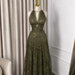 Olive Green A Line Halter Lace Backless Long Prom Dress Evening Dress SH8546