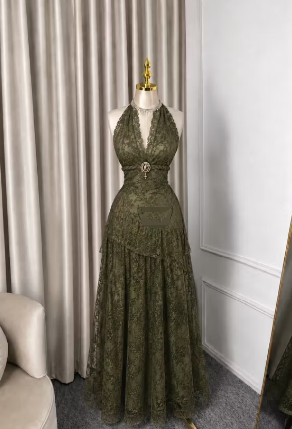 Olive Green A Line Halter Lace Backless Long Prom Dress Evening Dress SH8546