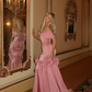 Elegant Mermaid Off the Shoulder Bow Pink Satin Long Prom Dress Evening Dress SH1933