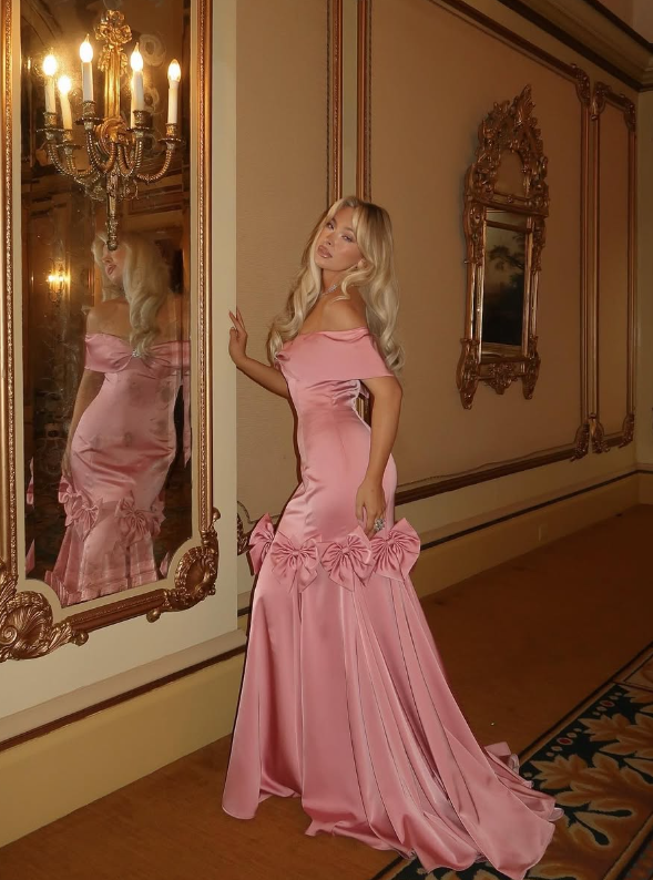 Elegant Mermaid Off the Shoulder Bow Pink Satin Long Prom Dress Evening Dress SH1933