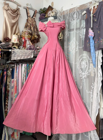 Pink Vintage A Line Off the Shoulder Bow Satin Graduation Prom Dress SH5370
