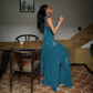 Vintage A Line V Neck Cerulean Beaded Chiffon Long Prom Dress Evening Dress SH5329