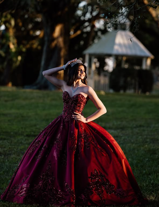 Burgundy Satin Beaded Applique Long Prom Dress Quinceanera Dress Ball Gown SH5184