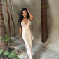 Beige A Line Spaghetti Strap Floral Satin Prom Dress Evening Dress SH3907