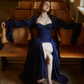 Navy Blue A Line Long Sleeve Chiffon Slit Prom Dress Evening Dress SH6687