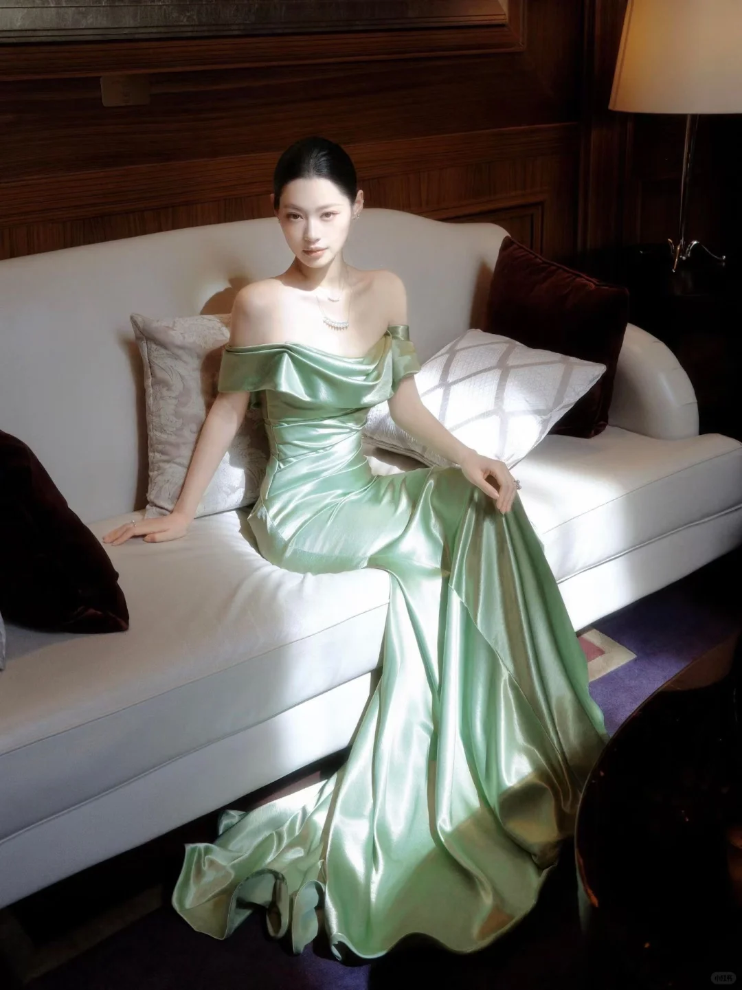 Elegant Mermaid Off the Shoulder Green Satin Long Prom Dress SH5205