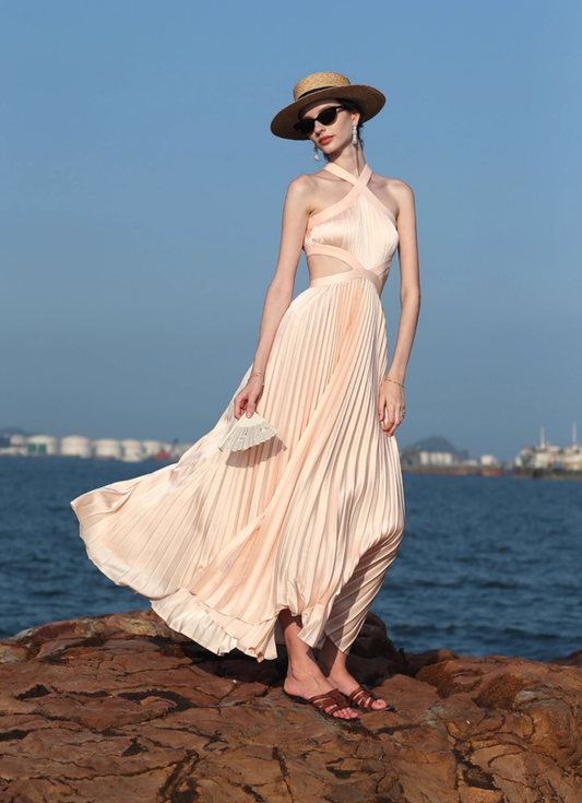 Elegant A Line Halter Pleated Satin Open Back Prom Dress Vacation Dress SH3992