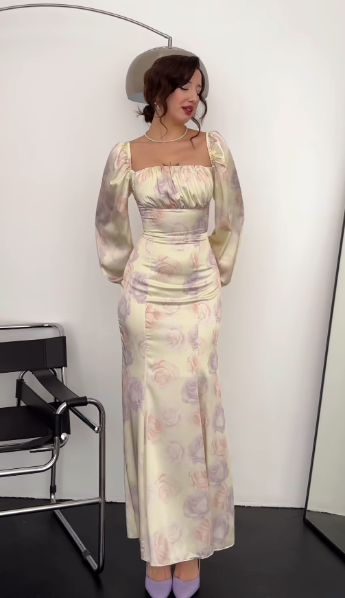 Pretty Mermaid Long Sleeve Print Floral Satin Long Prom Dress Party Dress SH4848