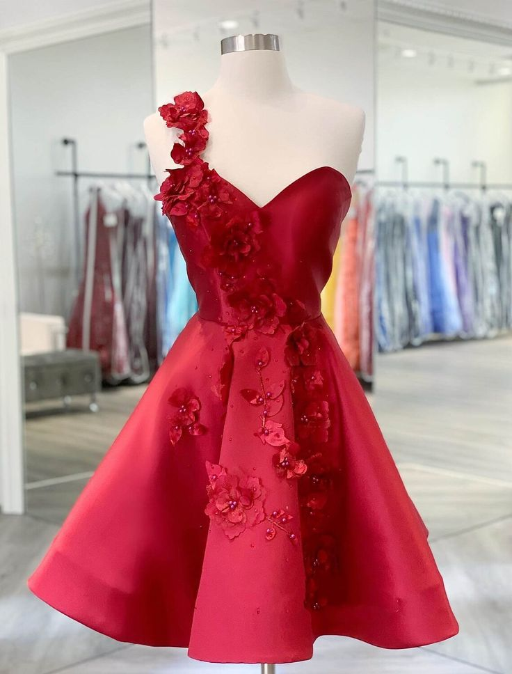 A-Line Backless Homecoming Dresses Red Mini Sleeveless One Shoulder Graduation Dress With Appliques  SH760
