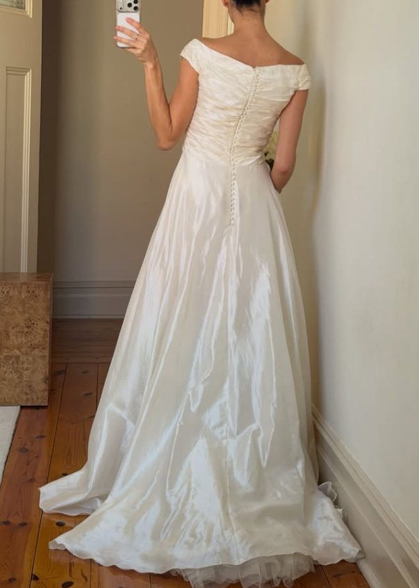 Vintage A Line Off the Shoulder Ivory Pleated Satin Wedding Dress SH8473